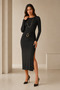 Black Long Sleeve Slit Waist Detailed Stylish Women's Midi Evening Dress with Accessories 77163