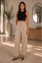 Women's Beige High-Waisted Wide-Leg Fabric Trousers – Folded Thick Leg Detail, Double Pleated, Flowy and Comfortable Fit, Pockets, Premium Palazzo Pants Suitable for Modern Office Style