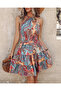 Women's Gimped Waist Halter Patterned Single Jersey Mini Dress - 4