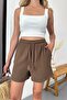 Women's Adjustable Waist Double Pocket 100% Cotton Shorts Light Brown - 5544 - 2