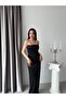 Black Strapless Glittery Draped Long Evening Dress - 5