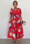 New Season Women's Short-Sleeved Double-Breasted Collar Side Tie Patterned Long Single Jersey Dress