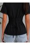 Women's Crew Neck Lace Detail Lace-Up Back Combed Cotton Blouse 28076 - 3