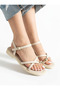 Cream Beige Flip-Flop Thermo Non-Slip Sole Gold Stone Detailed Ankle Support Women's Sandals