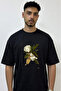 Magnolia Drawing Design Printed Oversize Black T-Shirt