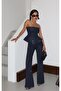 Women's Navy Blue Stoned Jean Strapless Trouser Set - 5