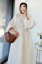 Premium Collar Gathered Balloon Sleeve Voile Dress - Ecru - 7