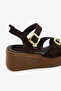 Brown Suede Genuine Leather Buckle-Strapped Wedge Heeled Women's Sandals - 7