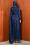Navy Blue Collar-Stoned Draped Janjan Evening Dress - 5