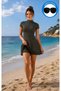 Women's Khaki Swimsuit with Skirt, Short Sleeves, Zipper, and Chest Pads
