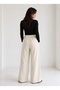 Women's Natural Linen Textured Wide-Leg Trousers with Pockets - 2