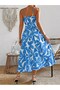 Women's Rope Strap V-Neck Long Patterned Single Jersey Dress with Belt at the Waist - 4