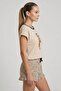 Cute Giraffe Printed Collar Piping Detailed Ruffle Cuffed Low Sleeve Shorts Pajama Set - 2