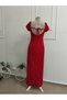 Women's Short Sleeve Square Collar Dress with Glitter Detail and Back Lacing Slit Long Imported Crepe Dress - 7