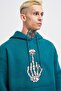 Men's Middle Finger Printed Hooded Oversize Sweatshirt Petrol Green - 2