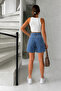 Blue Back Belt Cross Bridge Detail Wide Leg Denim Shorts - 4