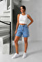 Stone Washed Wide Leg Denim Shorts with Back Belt Cross Bridge Detail