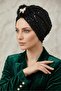 Women's Black Turban with Lace and Feathers, Practical Evening Dress Bonnet - Sandy Fabric - 2