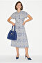 Women's Navy Blue 100% Linen Embossed Patterned Elastic Waist Belted Midi Dress 6788 60286415 - 4