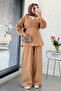 Premium V-Neck Side Buttoned Linen Trouser Suit - Camel - 6