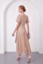 Women's Beige Balloon Sleeve Glittery Mesh Fabric Flared Midi Evening Dress - 6
