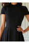 Women's short sleeve half turtleneck pleated janjan crepe midi dress - 2
