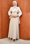 Stone-Embellished Evening Dress with Stone-Embellished Sleeves and Tie Collar - 4