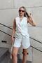 Beige 4-Button Vest-Pocket Shorts Women's Bottom-Top Linen Set - 3