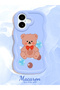 iPhone 16 Plus Compatible Case with Camera Protector Blue Silicone Couple Phone Case Bear Pattern - 2