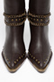Bitter Brown Matte Leather Metal Toe Cap Below the Knee Staple Belt Detail Western Cowboy Boots - 5