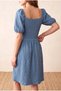 Women's Dark Blue Knitted Seersucker Textured Regular Fit Sweetheart Neck Half Balloon Sleeve Shirred Hem Detail Above Knee Dress Aubrey - 4