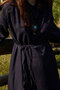 Waist-Tied, Ruffled Sleeve Linen Dress, Navy Blue - 3