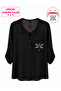 Large Size V-Neck Buttoned Stone Embroidered Capri Sleeve Pocket Thin Women's Shirt - 2
