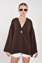 Women's Single Button Long Sleeve Jacket - Bitter Brown - 3