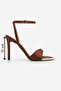 Women's Oval Toe Ankle Strap Gold Metal Frame Classic Heeled Sandals Dospin Brown Satin - 8