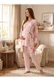 New Season Pink Floral Patterned Lace Detailed Design Buttoned Short Sleeve 100% Cotton Maternity Pajama Set