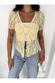 Women's Lace Transparent Front Tie Drawstring Detailed V-Neck Short Sleeve Summer Blouse - 7