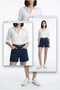Flat-Leg Straight Women's Denim Shorts, High Waist Lycra 40 cm Shorts Jeans - Navy Blue