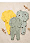 Chick Patterned 3-Piece Baby Romper Set with 2 Booties and 1 Bootie-Free Set Yellow Khaki Water Green