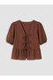 Vizyon New Season Brown V-Neck Blouse with Bow Detail - 5