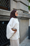 Women's Front Lace Detailed Wide Sleeve High Collar Tulle Kimono White - 4