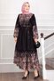 Floral Pattern Half Button Dress Black - 5