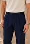 Men's Regular Fit Linen Textured Double Pleated Summer Trousers - Navy Blue - 3