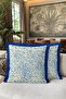 Blue Leafy Botanical Fringed Pillowcase - Tropical Floral Cream Navy Blue Tassel Throw Pillow Cover - 6