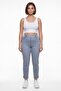 Women's Navy Blue Summer High-Waisted Trousers with Embroidered Cuffs and Pockets 42-48
