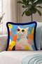 Colorful Cat Figured Pop Art Fringed Pillowcase - Fun Pink Navy Blue Tassel Throw Pillow Cover - 6