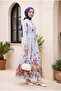 Floral Patterned Polycotton Dress with Elastic Sleeves and Half Buttons and Belt - Baby Blue - 3