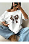 Women's Bow Printed Boat Neck Off Shoulder 100% Cotton T-Shirt