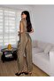 Women's Khaki High-Necked Jumpsuit with Gold Button Details and Belt - 3