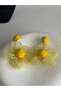 Yellow Tulle Detailed Flower Straw Earrings (6 cm) - 3